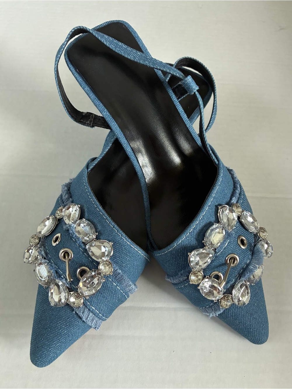 42 Embellished Blue Denim Pointed Slingback Heels